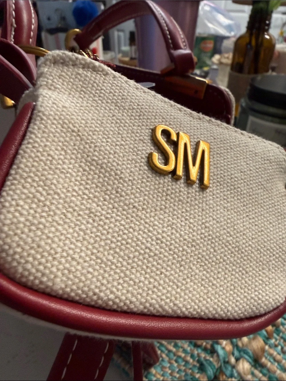 🌷new🌷 Steve Madden Cream Canvas Satchel with Burgundy Trim and Gold Hardware